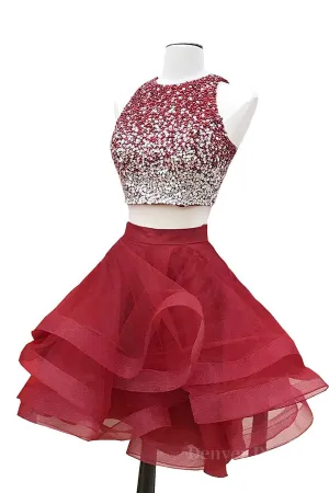 2 Pieces Short Burgundy Prom Dresses Two Pieces Short Wine Red Beaded Graduation Homecoming Dresses