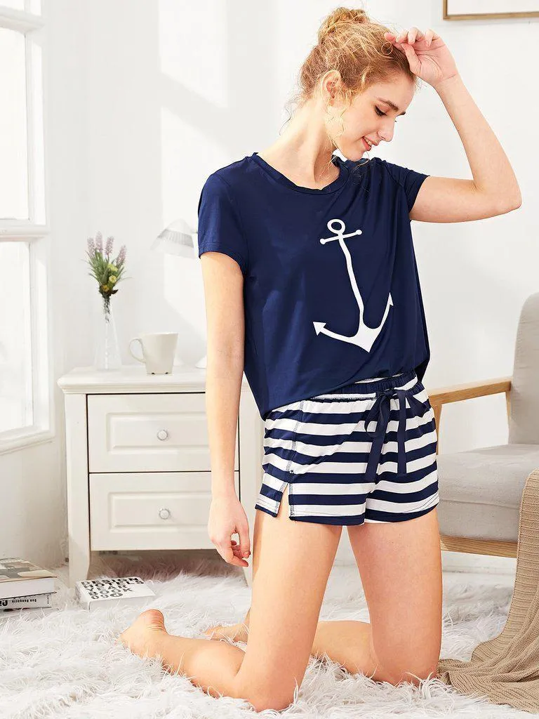 Anchor Print Tee And Striped Shorts Pajama Set