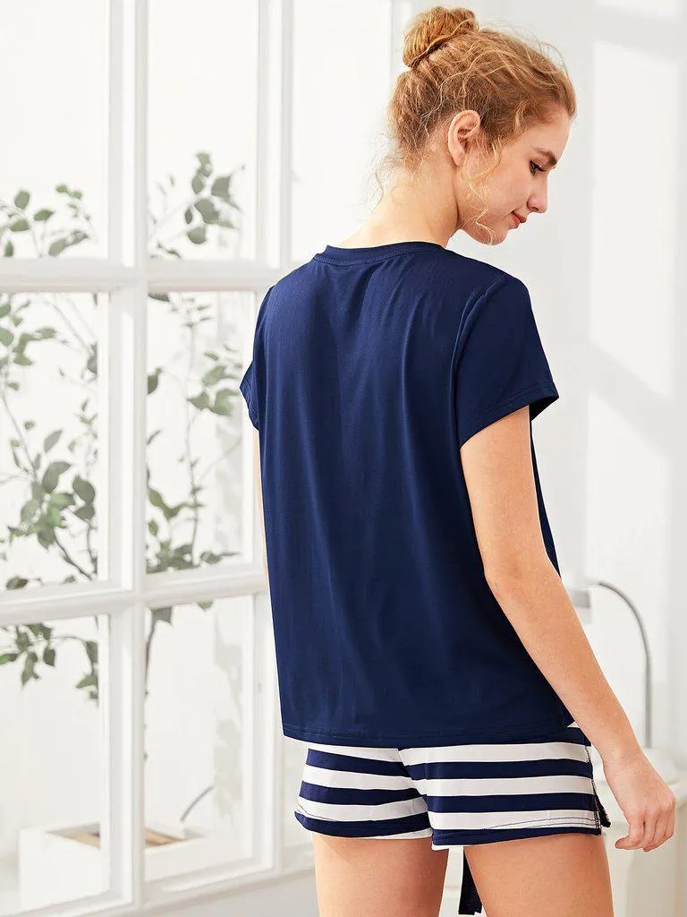 Anchor Print Tee And Striped Shorts Pajama Set