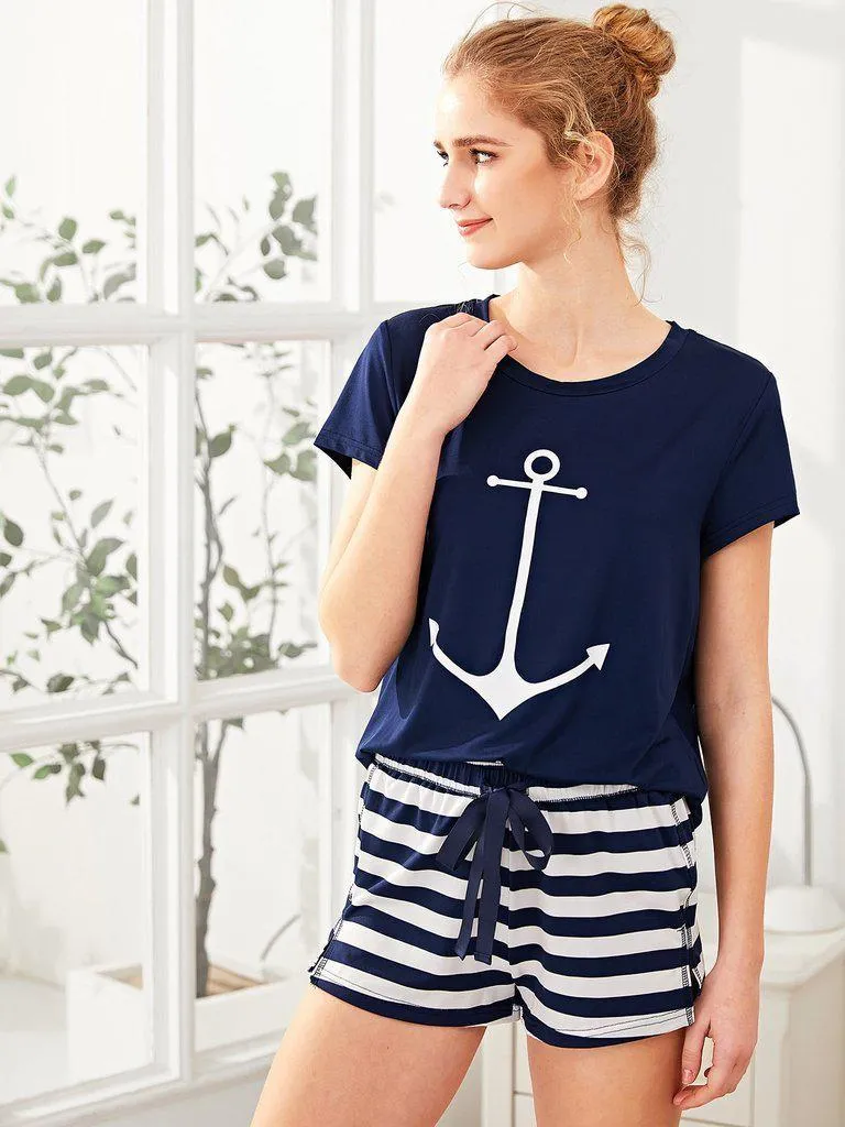 Anchor Print Tee And Striped Shorts Pajama Set