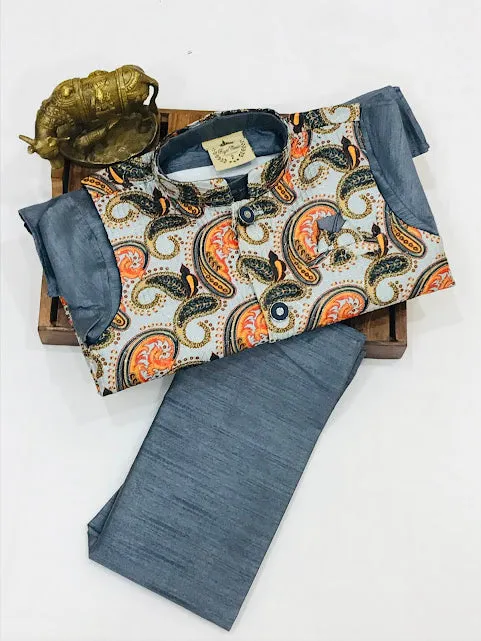 Appealing Grey Colored Silk Cotton Sherwani With Pajama Pant Sets For Boys