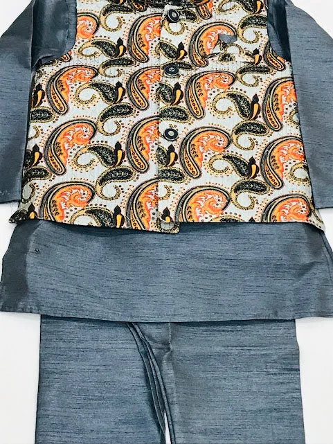 Appealing Grey Colored Silk Cotton Sherwani With Pajama Pant Sets For Boys
