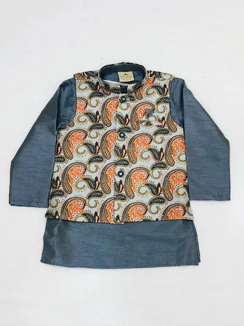 Appealing Grey Colored Silk Cotton Sherwani With Pajama Pant Sets For Boys