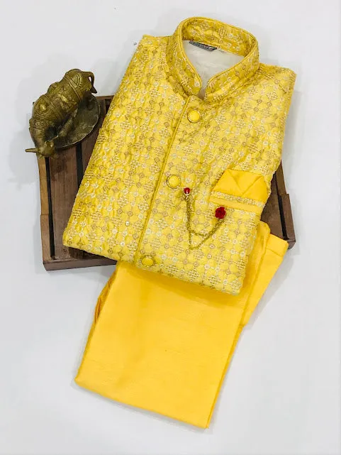 Attractive Yellow Colored Silk Cotton Kurta With Pajama Pant Sets For Boys