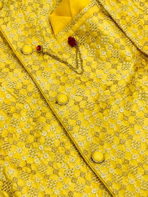 Attractive Yellow Colored Silk Cotton Kurta With Pajama Pant Sets For Boys