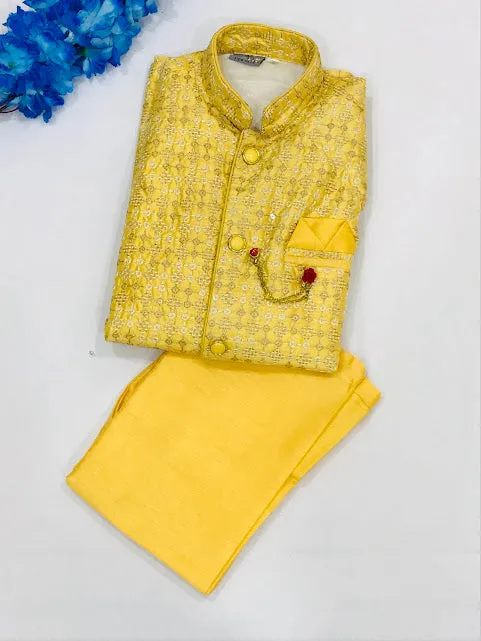 Attractive Yellow Colored Silk Cotton Kurta With Pajama Pant Sets For Boys
