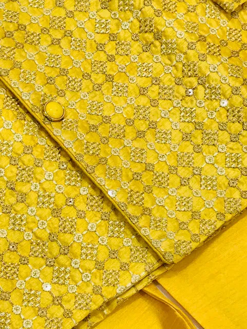 Attractive Yellow Colored Silk Cotton Kurta With Pajama Pant Sets For Boys