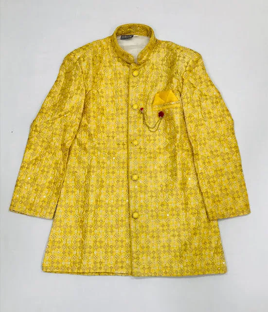 Attractive Yellow Colored Silk Cotton Kurta With Pajama Pant Sets For Boys