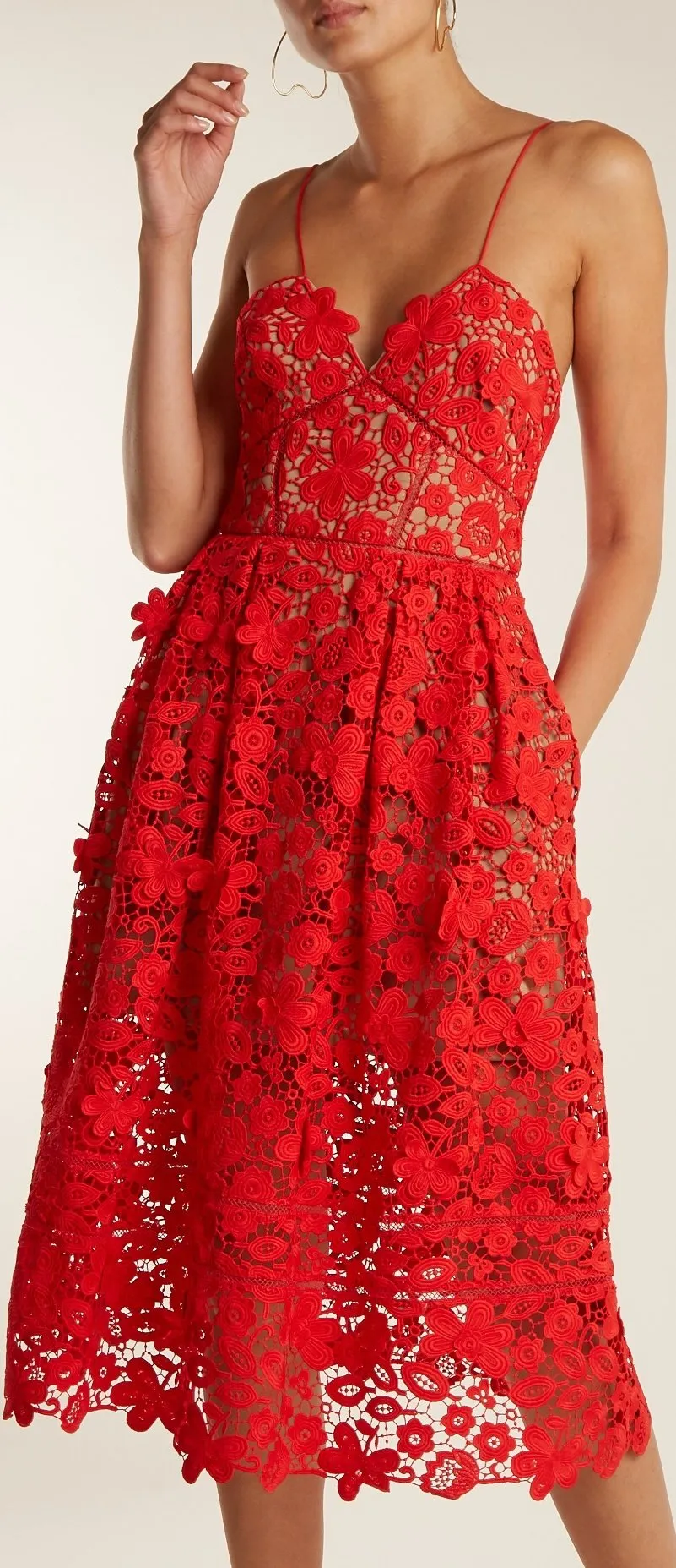 'Azaelea' Sleeveless 3-D Lace Midi Dress, Red