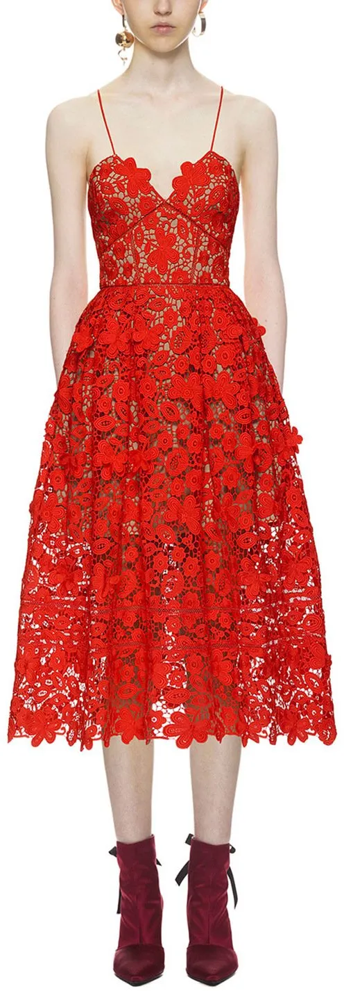 'Azaelea' Sleeveless 3-D Lace Midi Dress, Red