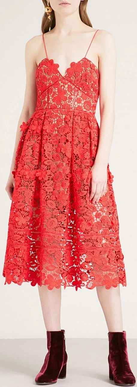 'Azaelea' Sleeveless 3-D Lace Midi Dress, Red