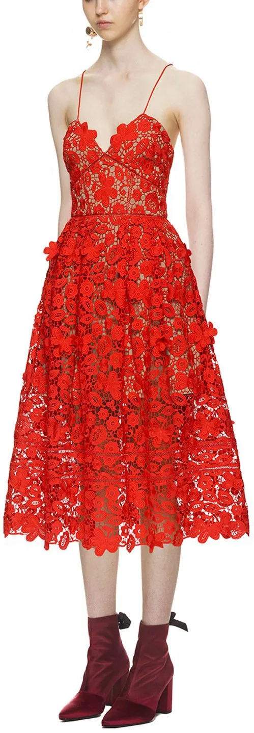 'Azaelea' Sleeveless 3-D Lace Midi Dress, Red