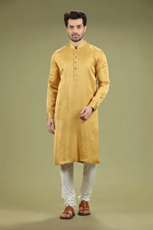 Bright Mustard Solid Linen Kurta Set Designed by Kora (Nilesh Mitesh)
