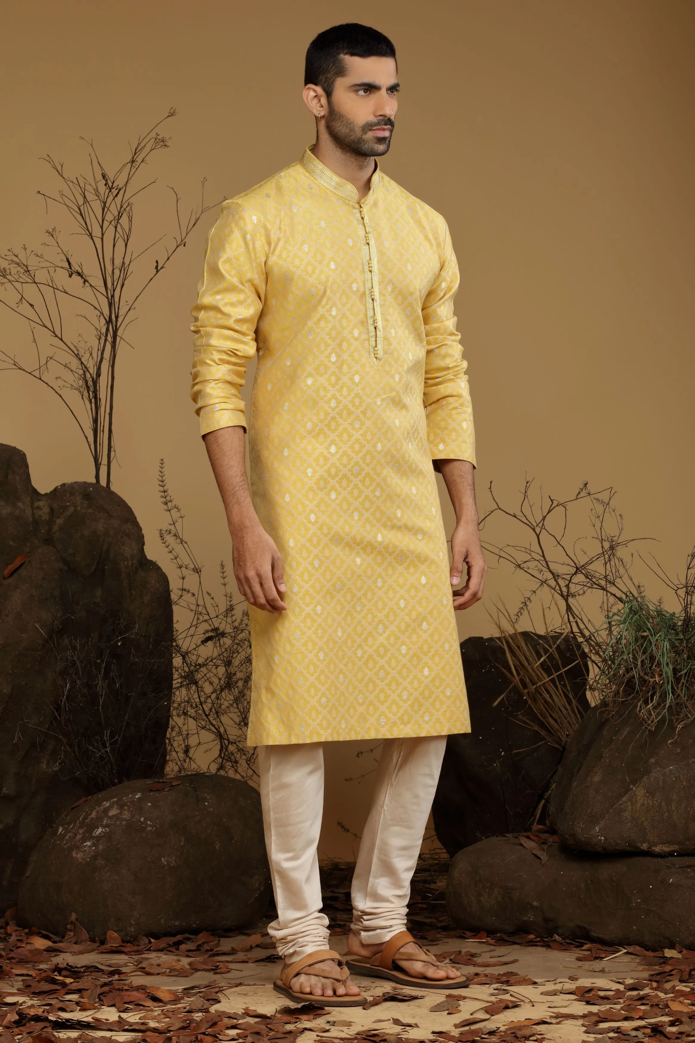 Bright Yellow Benarasi Silk Kurta Set Designed by Kora (Nilesh Mitesh)