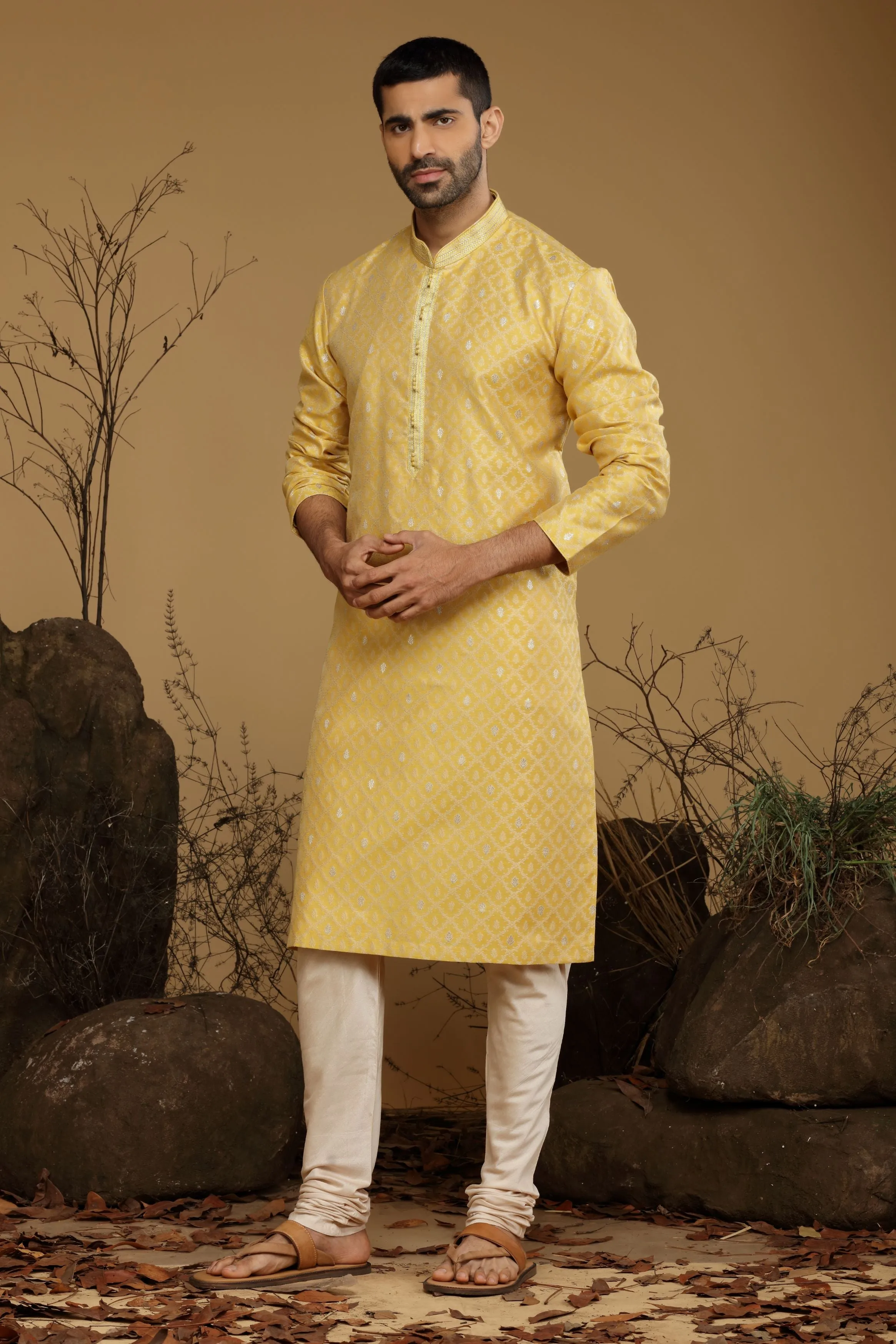 Bright Yellow Benarasi Silk Kurta Set Designed by Kora (Nilesh Mitesh)