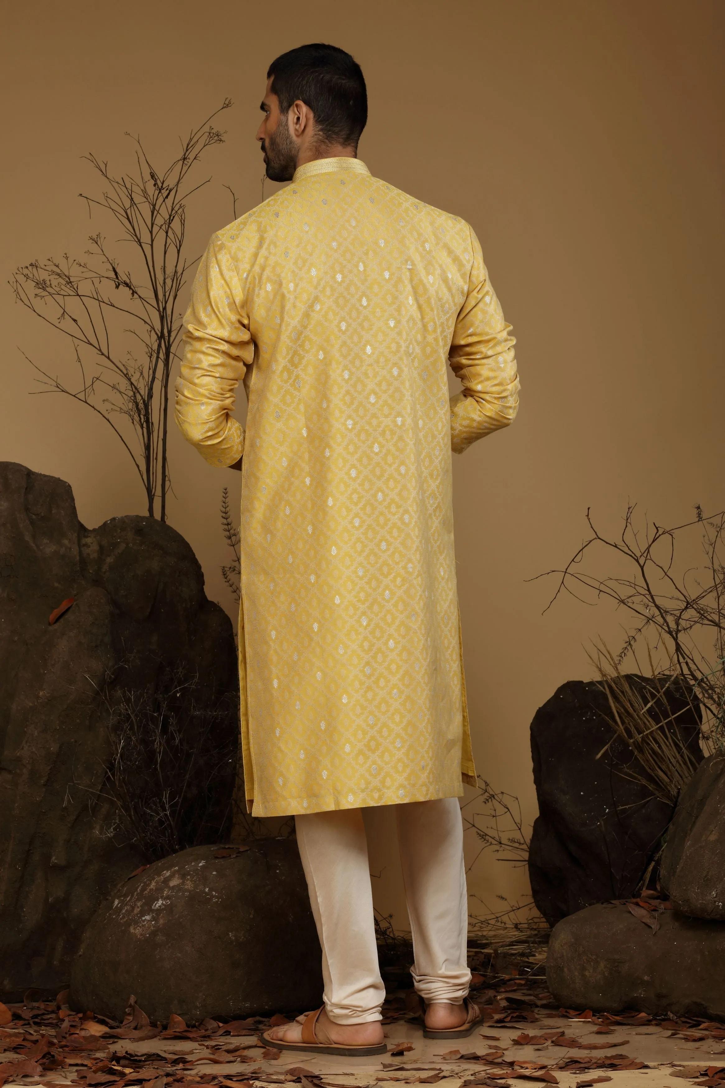 Bright Yellow Benarasi Silk Kurta Set Designed by Kora (Nilesh Mitesh)
