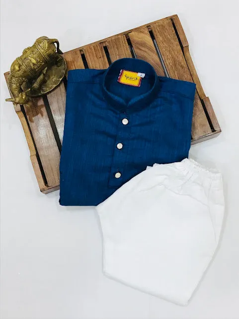 Dazzling Blue Colored Silk Cotton Kurta With Pajama Pant Sets For Boys