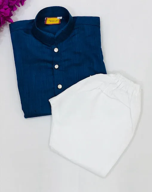 Dazzling Blue Colored Silk Cotton Kurta With Pajama Pant Sets For Boys