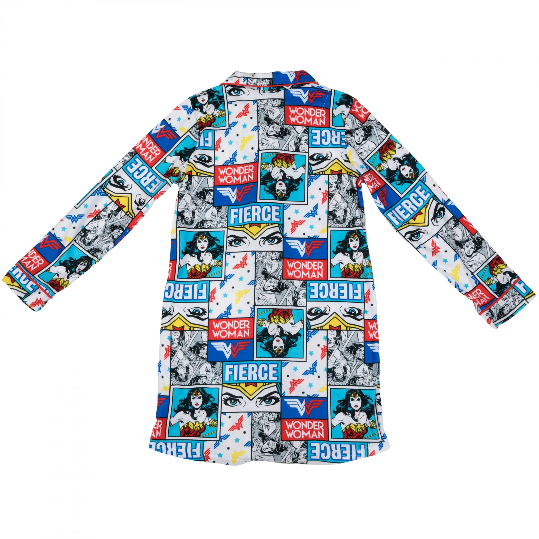 DC Comics Wonder Woman Comic Panel Print Girls Button-Up Pajama Shirt