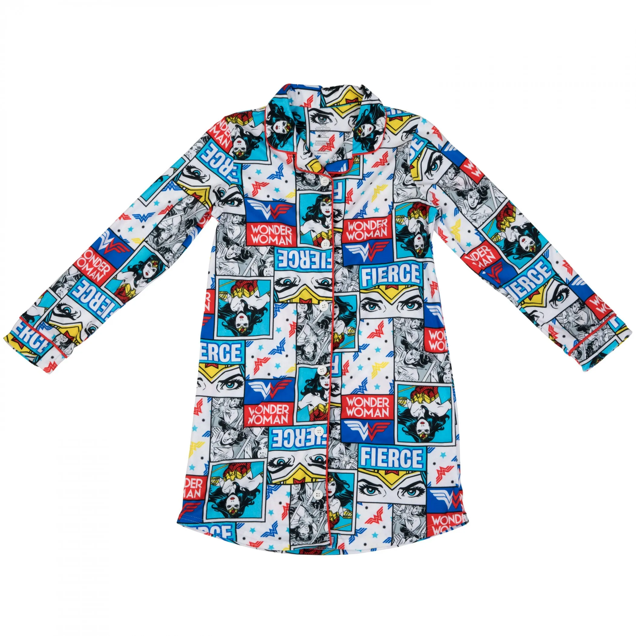 DC Comics Wonder Woman Comic Panel Print Girls Button-Up Pajama Shirt