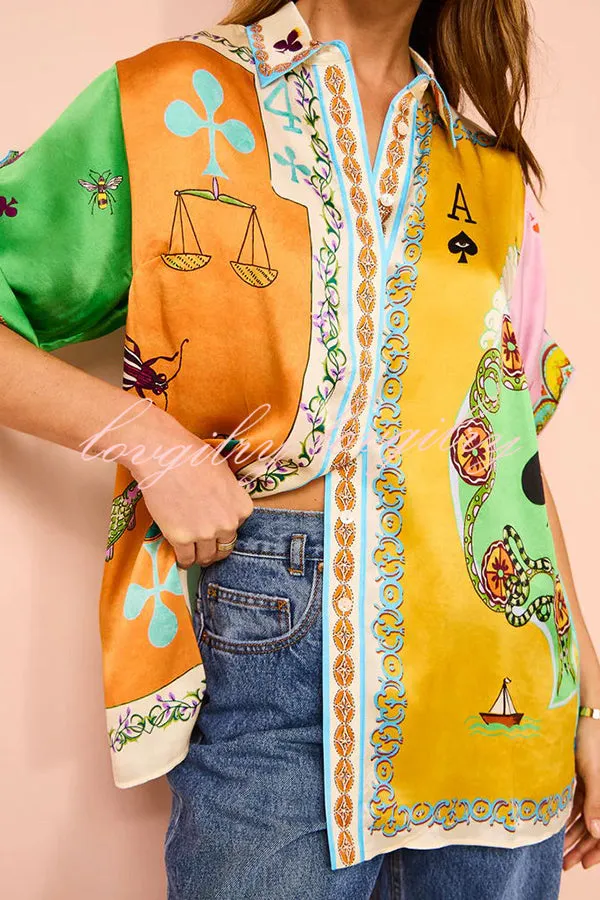 Funny Poker Summer Satin Unique Print Button Down Oversized Blouse