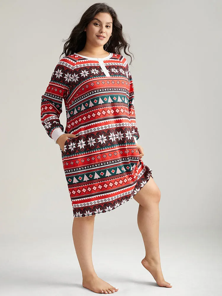 Geometric Sleep Raglan Sleeve Button Up Dress