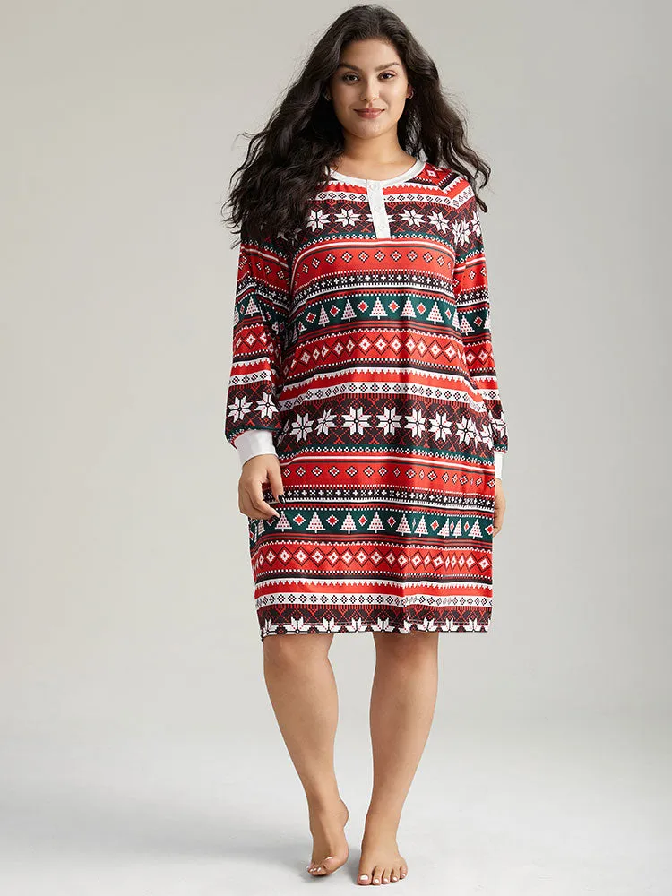 Geometric Sleep Raglan Sleeve Button Up Dress