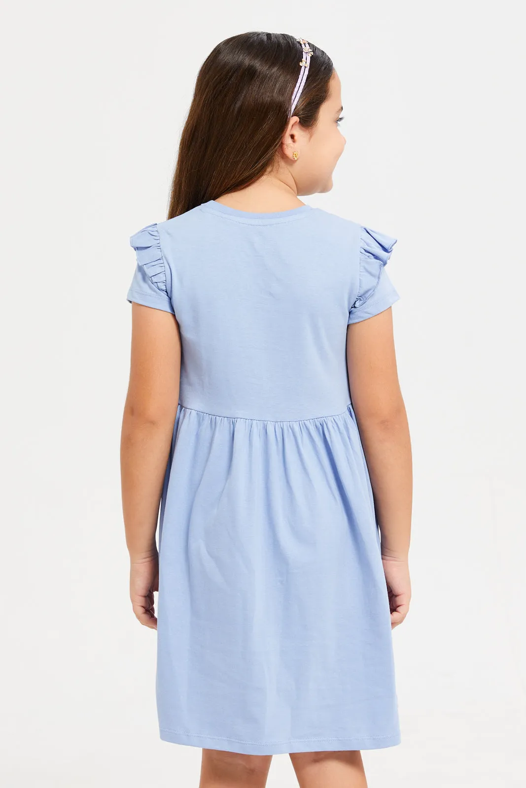 Girls Blue Embellished Dress With Frills