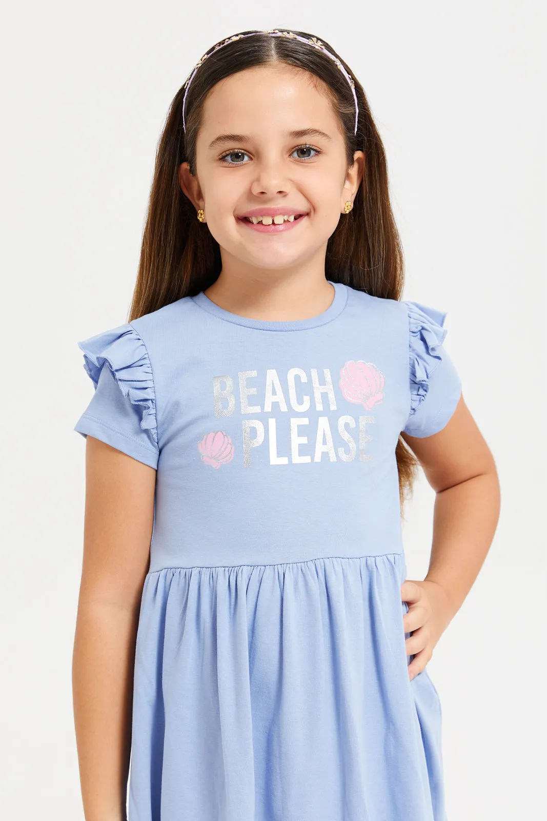 Girls Blue Embellished Dress With Frills