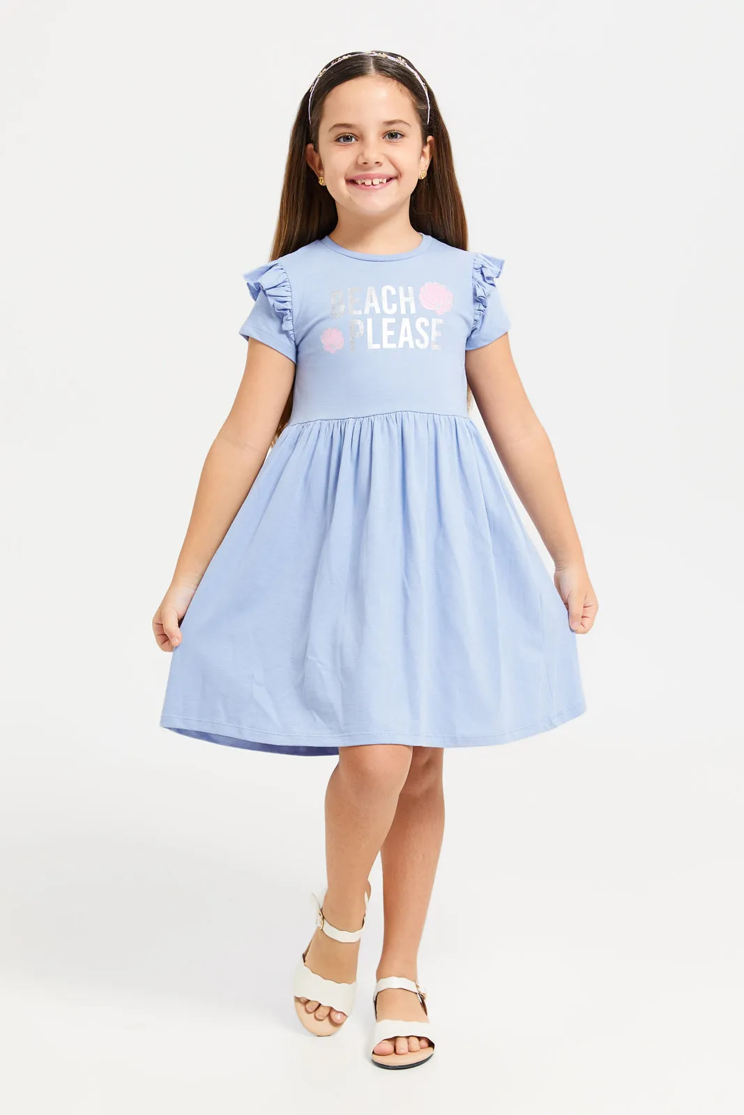 Girls Blue Embellished Dress With Frills