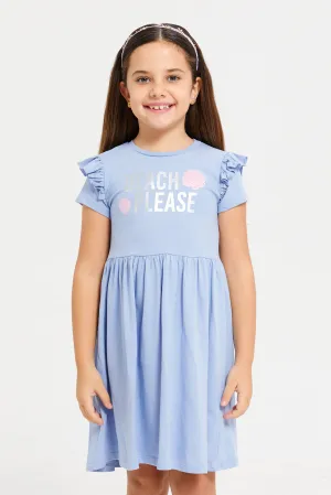 Girls Blue Embellished Dress With Frills