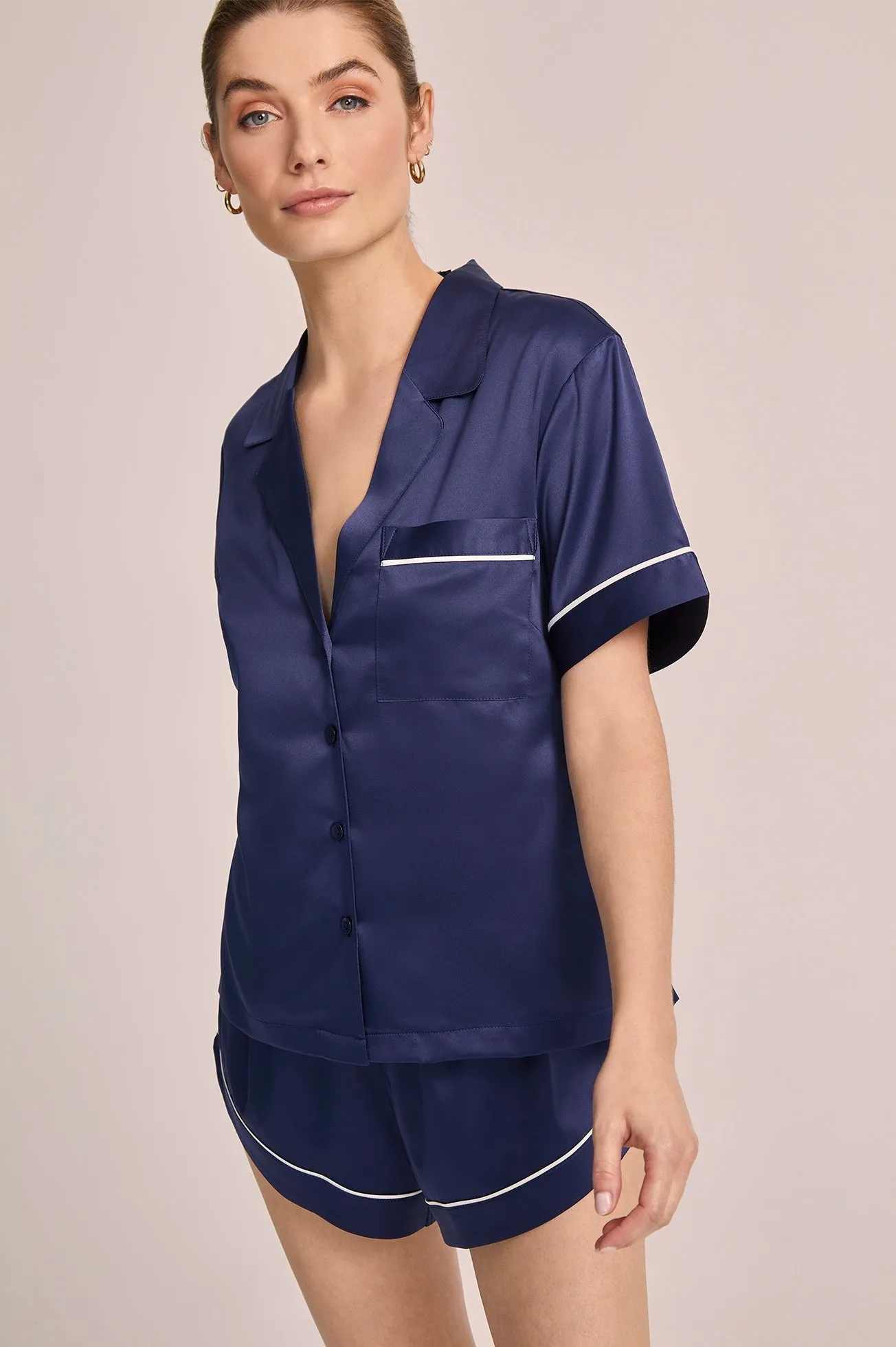 Grace Short Pyjama Set - Navy with White Piping