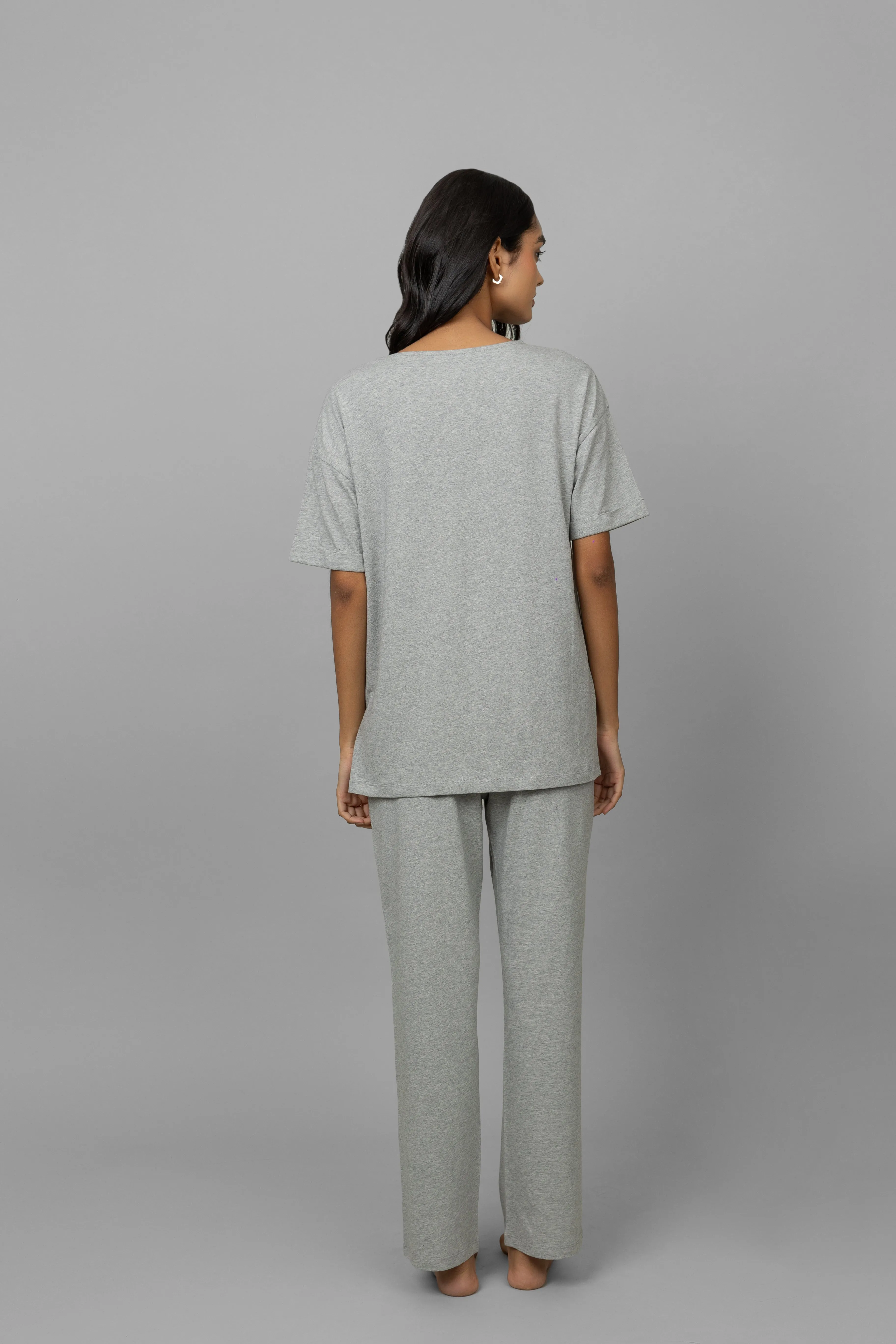 Grey Melange Cotton Lycra Side Slit Pajama Set