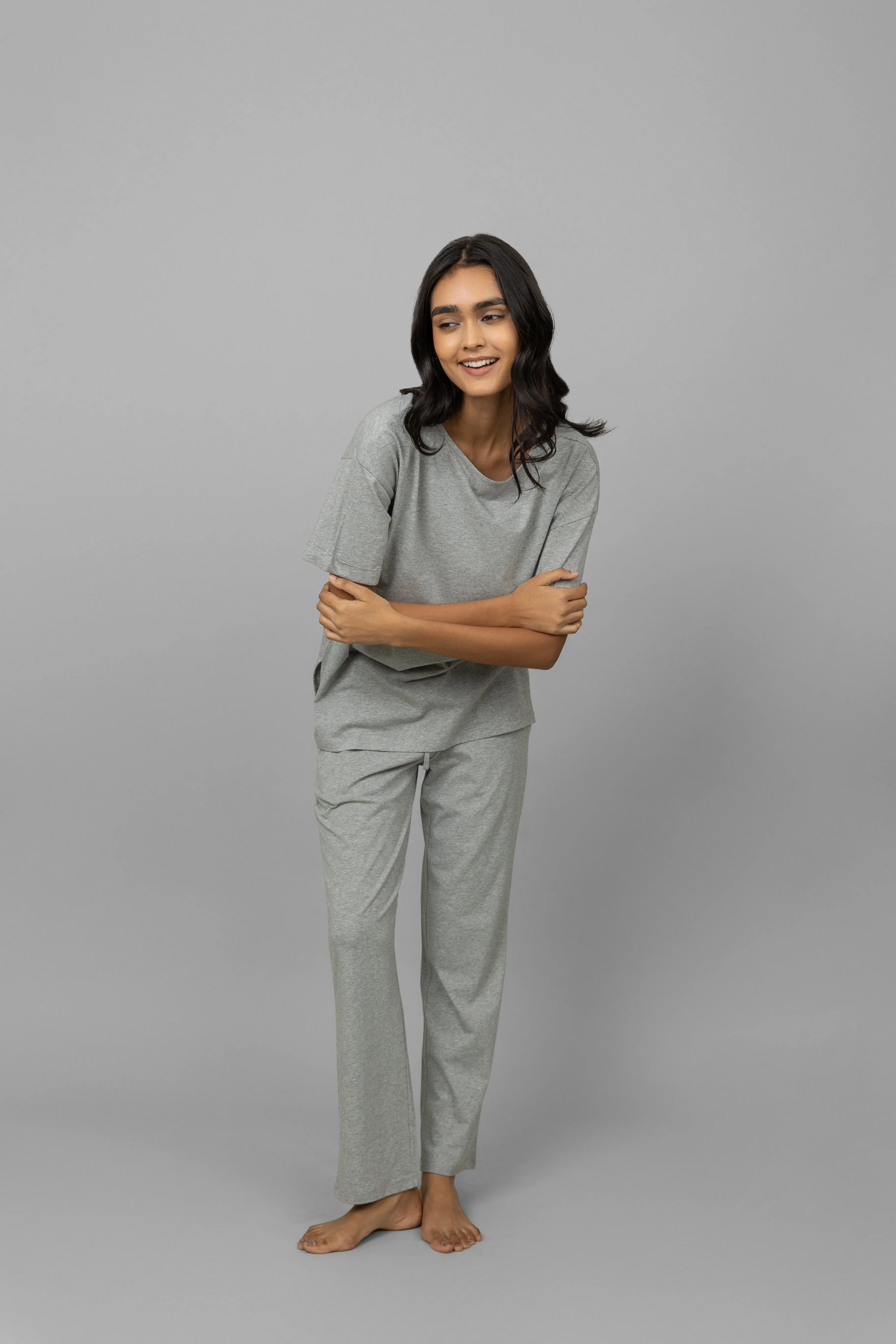 Grey Melange Cotton Lycra Side Slit Pajama Set