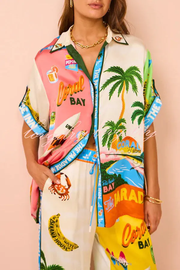 Kissed By The Sun Satin Unique Print Colorblock Button Down Oversized Blouse