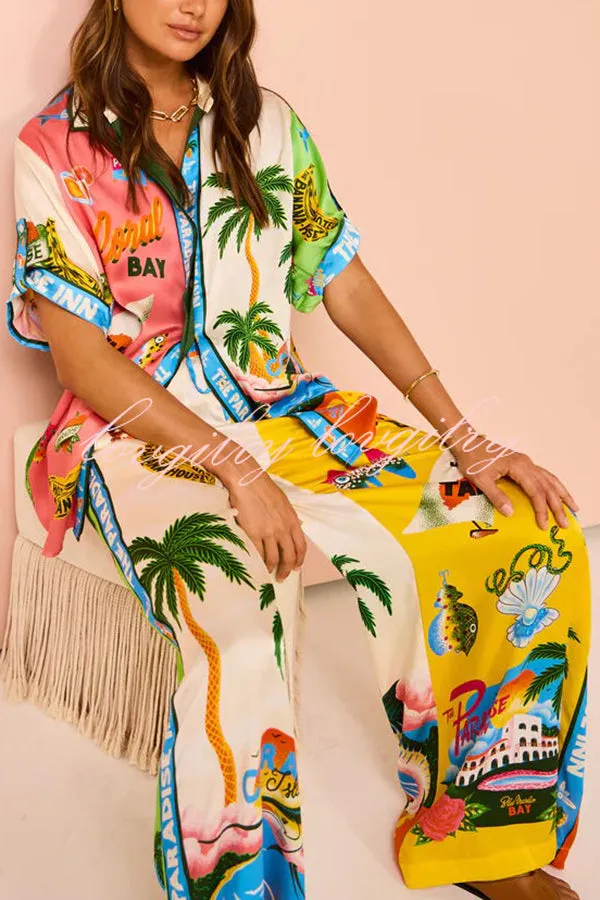 Kissed By The Sun Satin Unique Print Colorblock Button Down Oversized Blouse