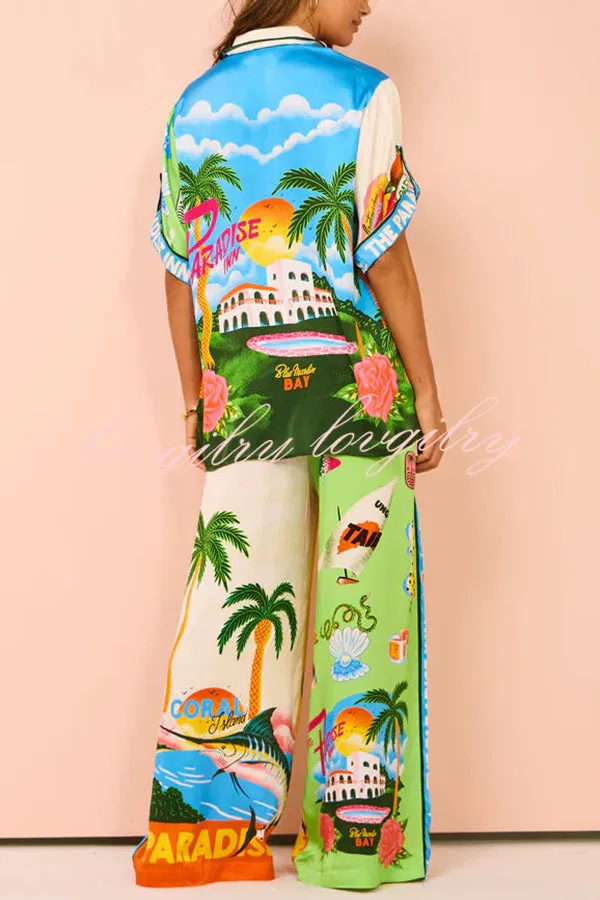 Kissed By The Sun Satin Unique Print Colorblock Button Down Oversized Blouse