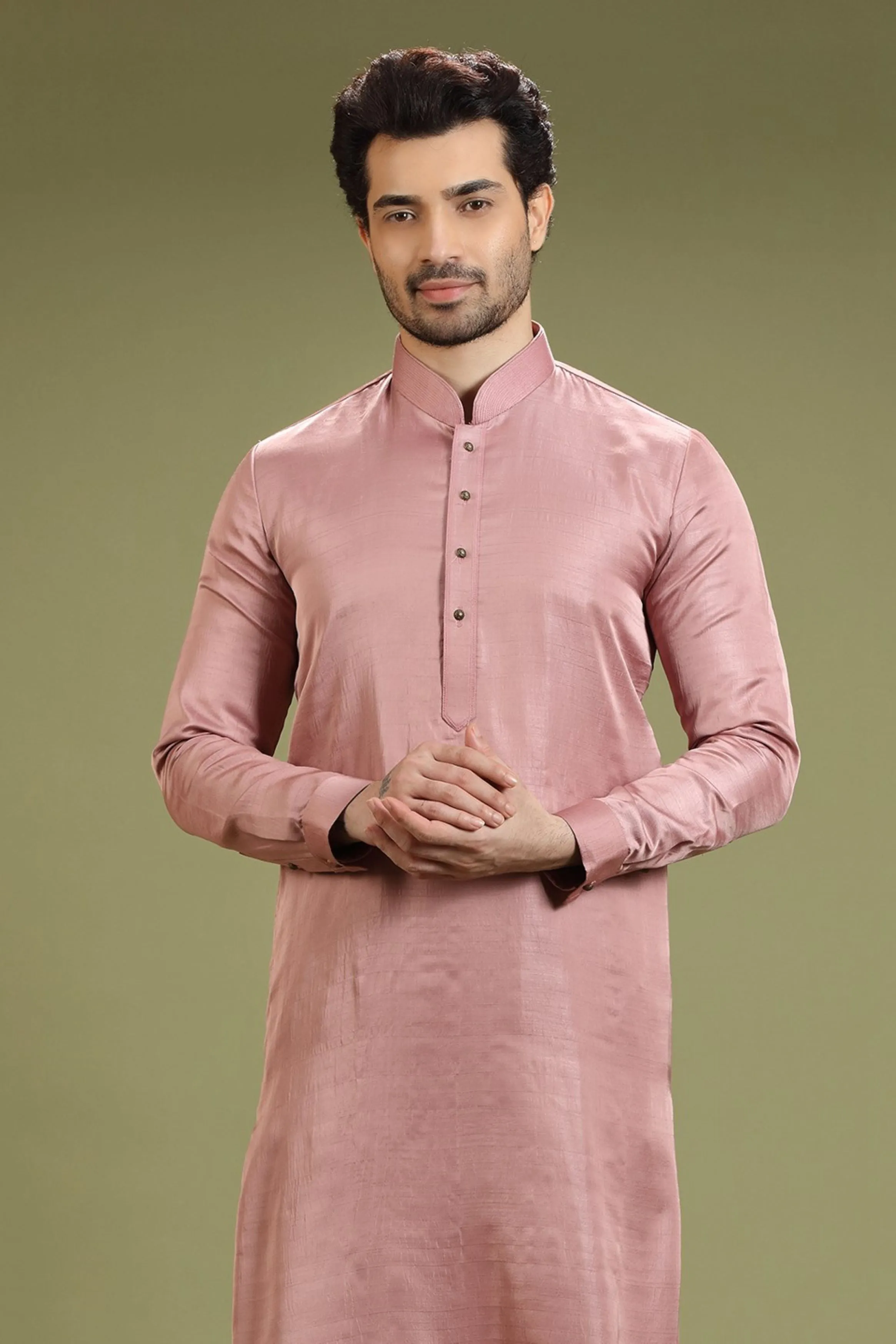 Light Mauve Solid Linen Kurta Set Designed by Kora (Nilesh Mitesh)