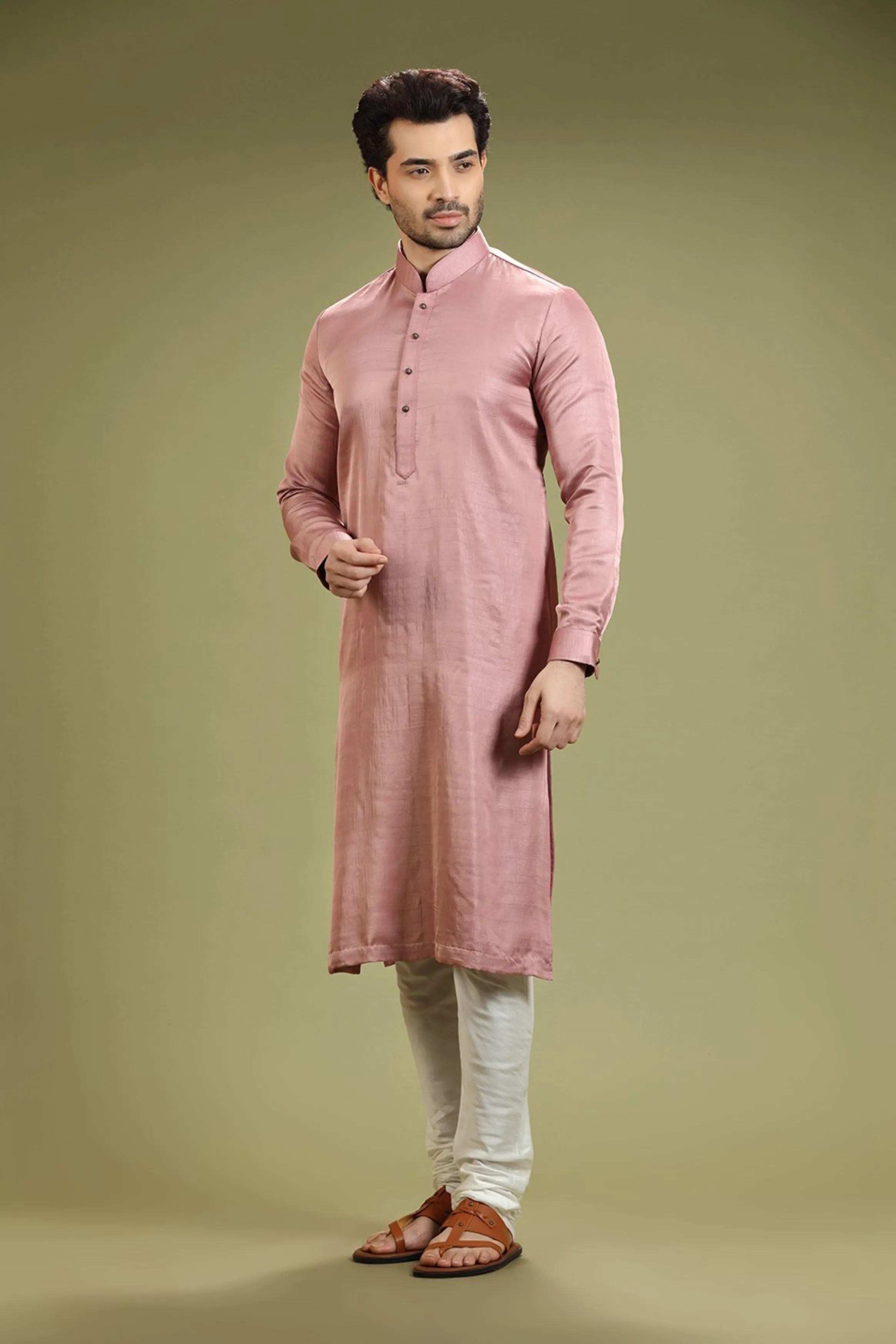 Light Mauve Solid Linen Kurta Set Designed by Kora (Nilesh Mitesh)