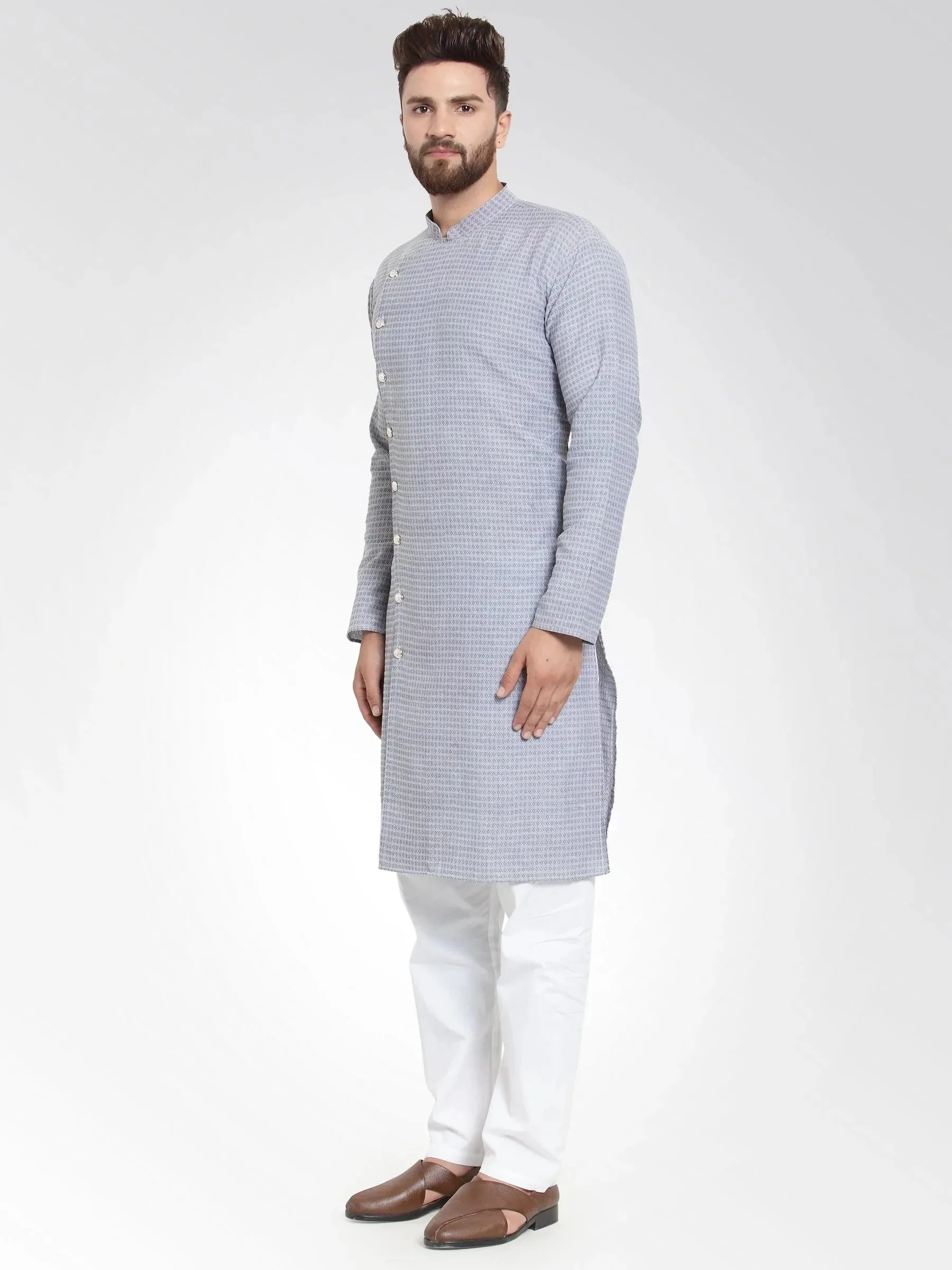 Men Steel Blue Self Design Kurta With Pajama