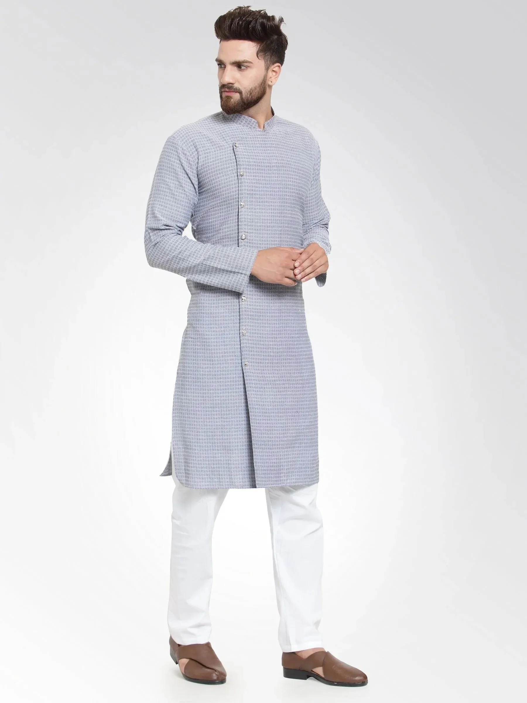 Men Steel Blue Self Design Kurta With Pajama