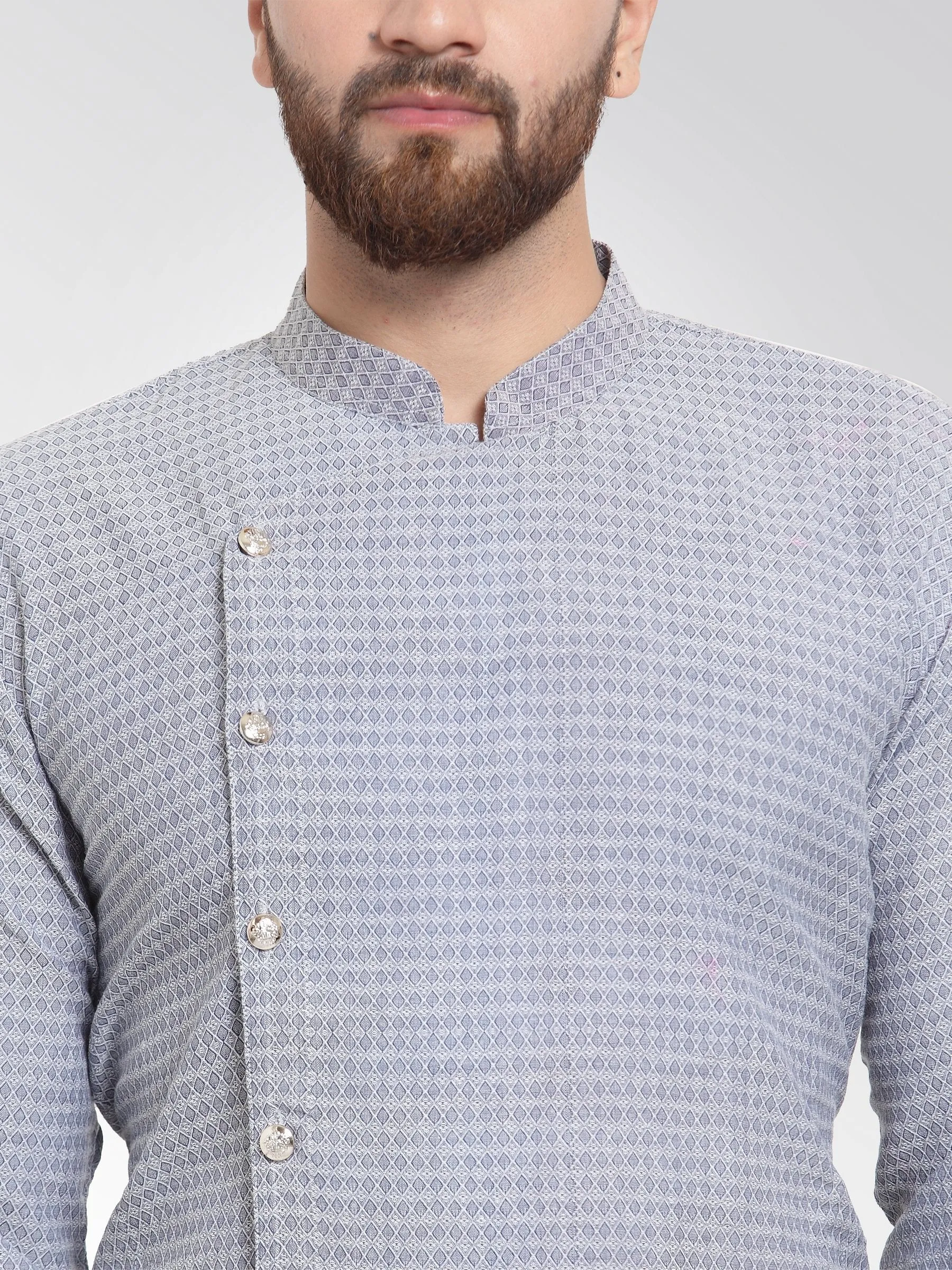 Men Steel Blue Self Design Kurta With Pajama