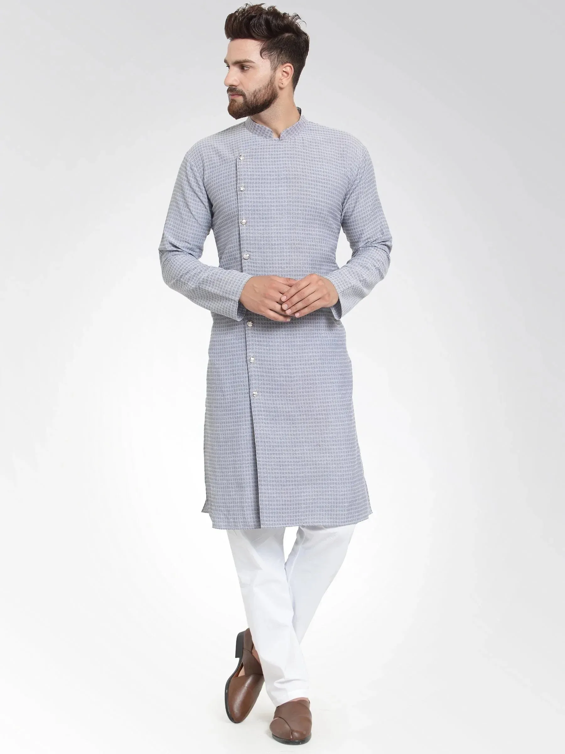 Men Steel Blue Self Design Kurta With Pajama