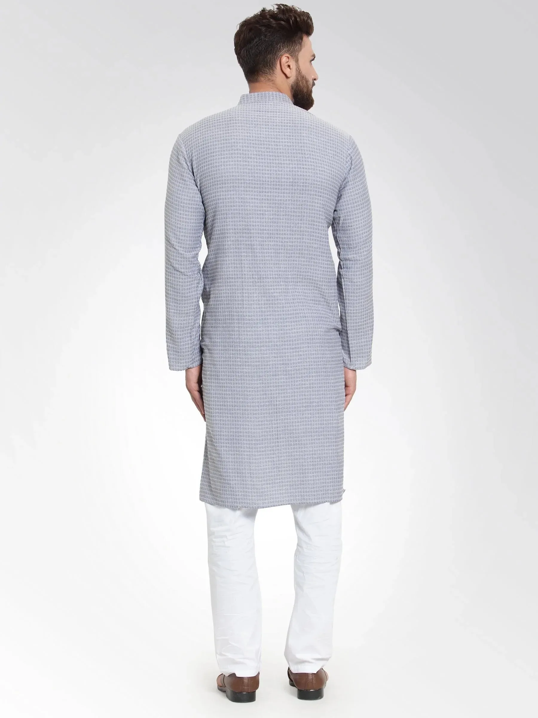 Men Steel Blue Self Design Kurta With Pajama