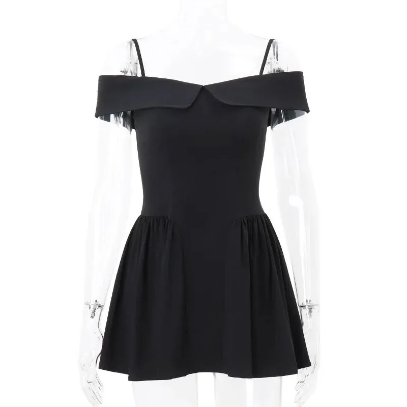Off Backless Pleated Shoulder Sexy Slim Mini Party Black Club Dress