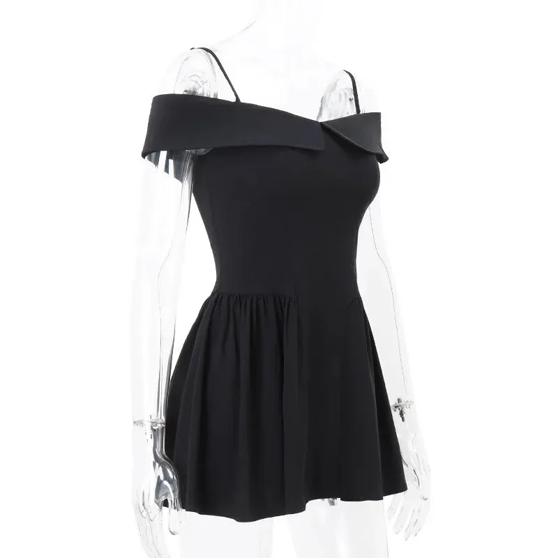 Off Backless Pleated Shoulder Sexy Slim Mini Party Black Club Dress