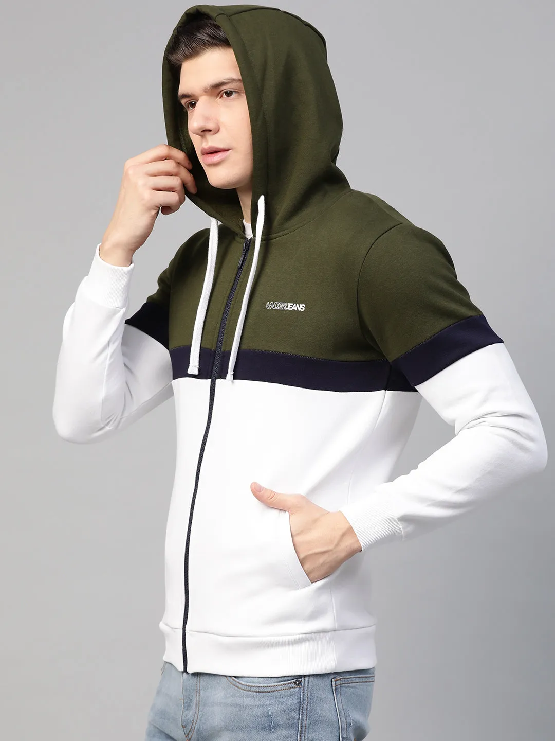 Olive Cotton Solid Hooded Sweatshirts- Underjeans By Spykar
