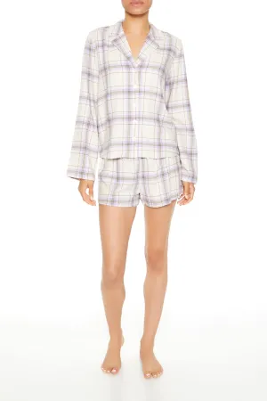 Plaid Button-Up Top & Short 2 Piece Pajama Set