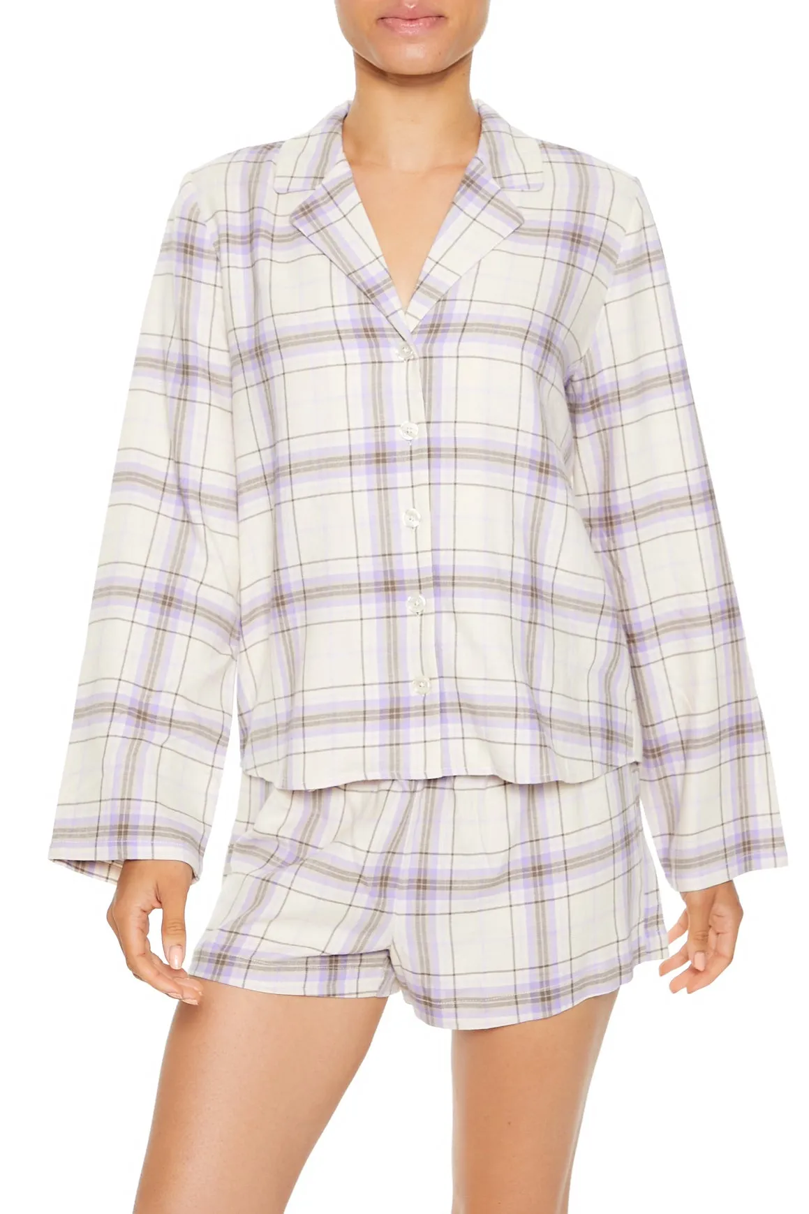 Plaid Button-Up Top & Short 2 Piece Pajama Set
