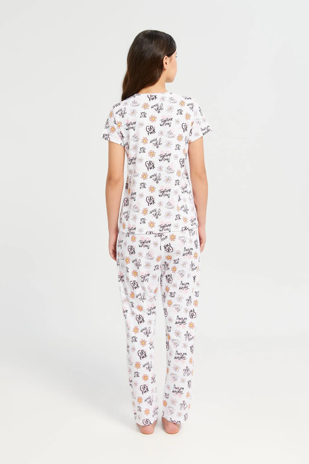 Senior Girls White And Black Printed Pyjama Set (2 Piece)